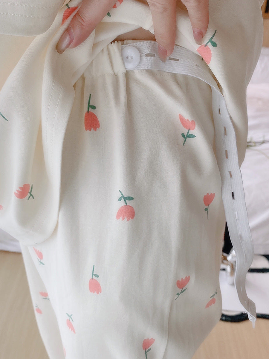 Spring and Autumn Cotton Short Sleeve Suit with Chest Pad Three-Piece Breastfeeding Pajamas Summer Pregnant Women Feeding