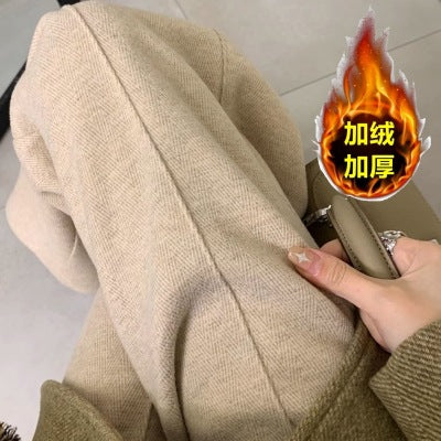 Maternity Pants, Autumn and Winter Style, Woolen, Thickened, Wide-Leg Pants for Outer Wear, High-Waisted, Belly-Supporting, Plus-Size, Straight-Leg, Casual Long Pants with Fleece Lining