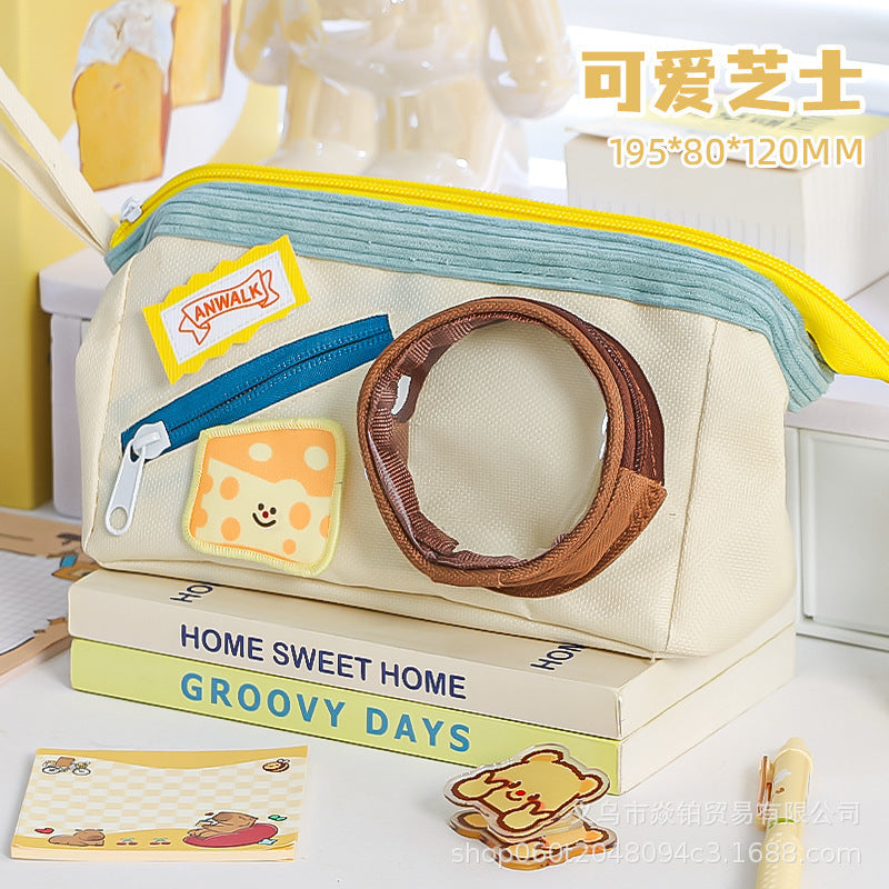 Cute Contrasting Color Stitching Pencil Case with High Appearance Value Ins Style Large Capacity Girls' Pain Bag Stationery Box Food Pencil Case for Children