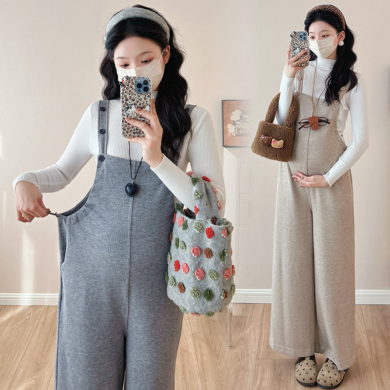 fleece-lined pregnant women's suspenders for autumn and winter 2024 new fashion outro simple loose casual adjustable jumpsuit