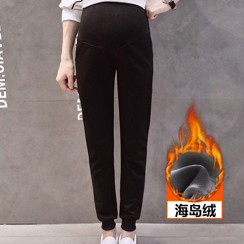 Pregnant Women's Pants Pregnant Women's Autumn and Winter Wear Korean Style fleece-lined Thickened Abdominal Pants Leggings Loose Harlan Pants Pregnant Women's Pants