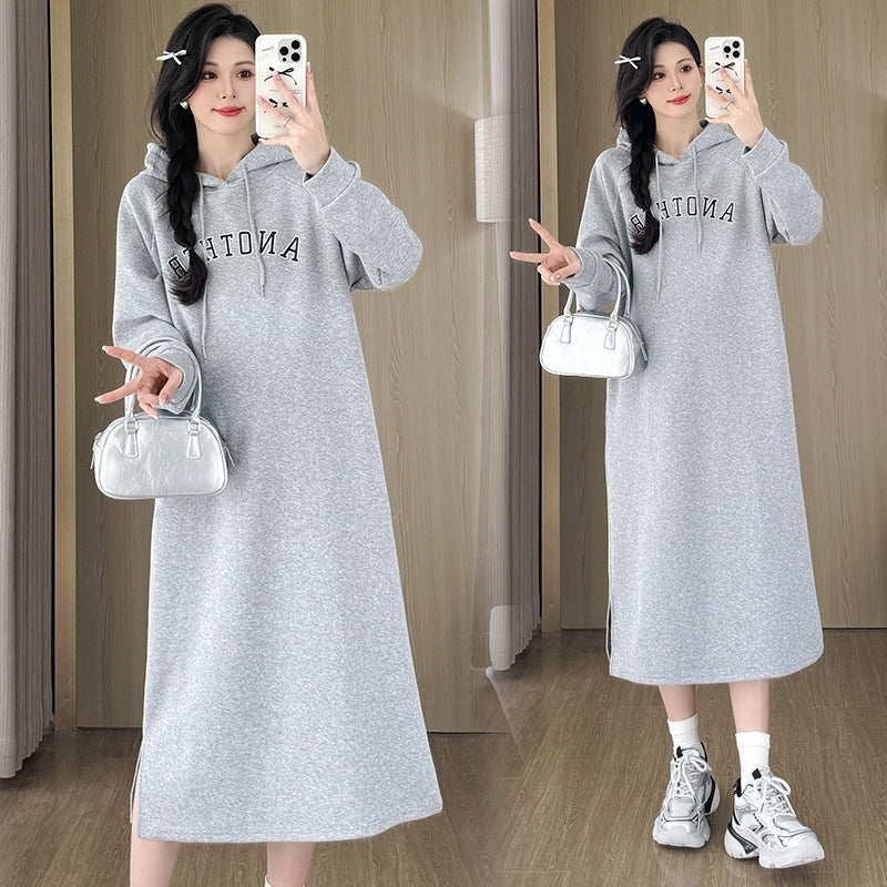 Pregnant Women's Loose Pregnant Women's Fashion Autumn and Winter Loose fleece-lined Thickened Sweat Mid-length dress Autumn and Winter Clothes