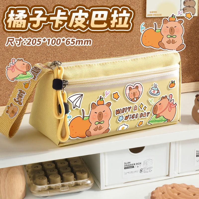 Double-Layer Capibara Pencil Case 2025 New Model Large Capacity Transparent Stationery Box for Girls and Boys Primary School Students Pencil Bag