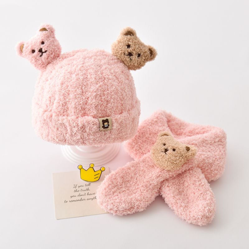 Autumn and winter children's plush bear hat scarf two-piece fleece-lined warm scarf cute plush hat baby