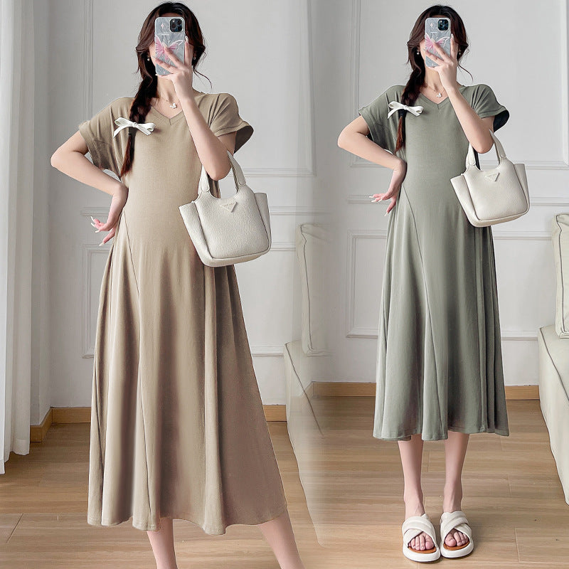 Pregnant Women's Summer Fashion Design Feeling Temperament Waist Slimming Belly Covering Pregnant Women's dress New Korean Style Pregnant Women's Dress