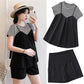 Maternity 2023 Summer Maternity Fake Three-piece Striped Short-sleeved T-shirt Top Abdominal Pants Shorts Two-piece Set