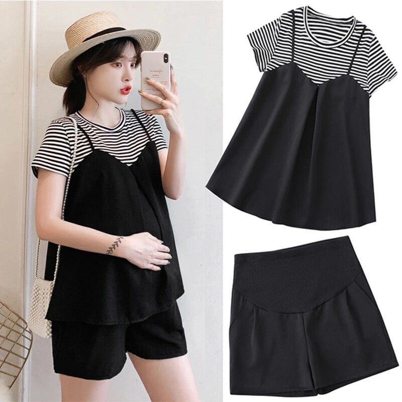 Maternity 2023 Summer Maternity Fake Three-piece Striped Short-sleeved T-shirt Top Abdominal Pants Shorts Two-piece Set