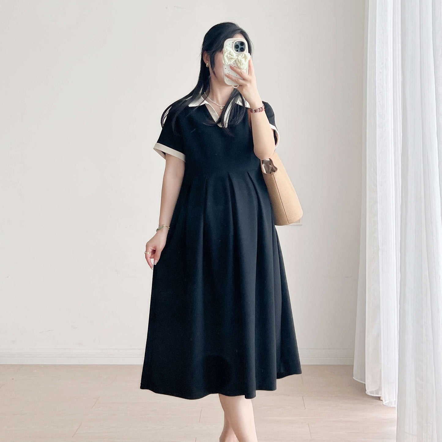 Pregnant Women's Summer Dress Korean Style dress 2025 New Summer Slim Black plus size Summer Maternity Dress A- Line Skirt
