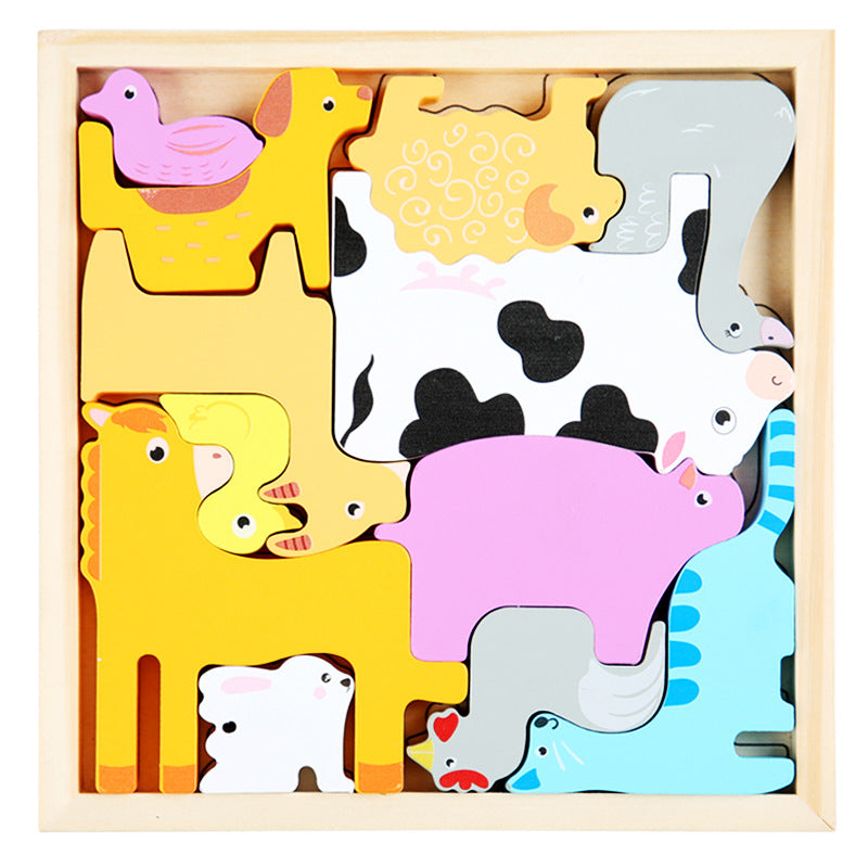 Cross-Border Children's Wooden Three-Dimensional Hexagonal Puzzle Animal Transportation Puzzle Building Blocks Early Education Educational Toys