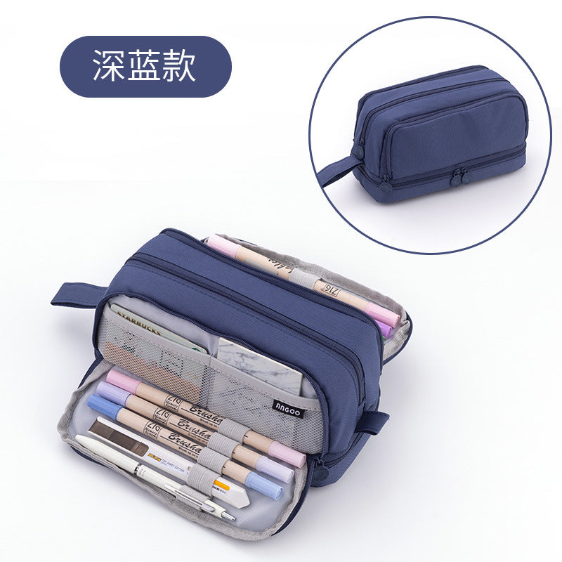 Han Feng Japanese Style New Large Capacity Pencil Case Double Layer Solid Color Multifunctional Pencil Case for Men and Women Middle School Students Pencil Bag