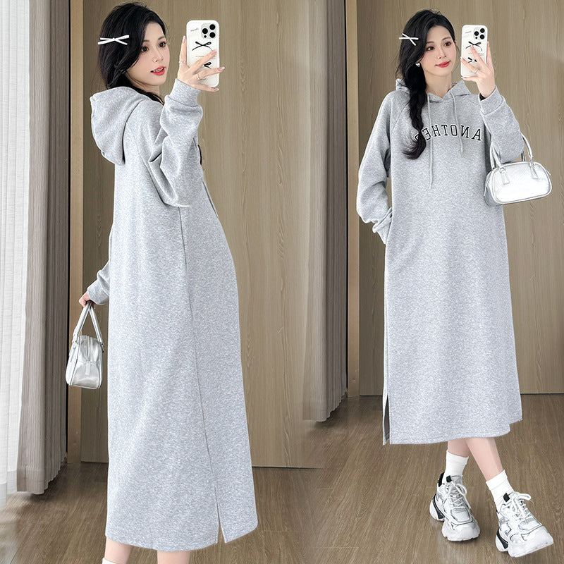 Pregnant Women's Loose Pregnant Women's Fashion Autumn and Winter Loose fleece-lined Thickened Sweat Mid-length dress Autumn and Winter Clothes