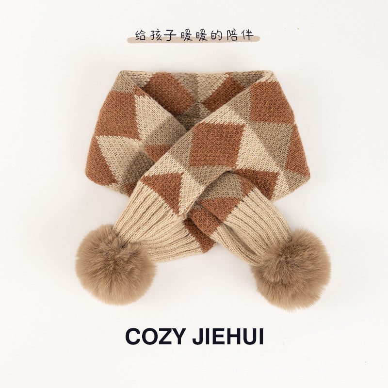 Plaid Retro Kidsren's Scarf Knitted Fur Ball Cross Scarf Autumn and Winter Warm and Cute Soft Windproof Scarf for Boys and Girls