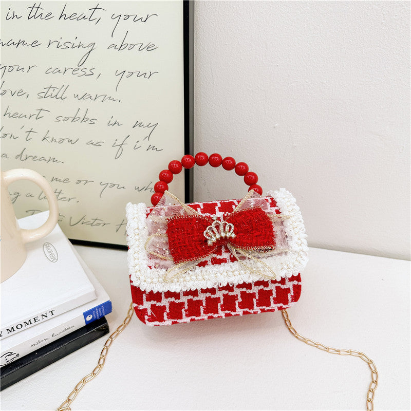 Children's New Year Red Envelope Korean Style Bow Pearl Small Square Bag Princess Shoulder Crossbody Mini Change Accessories Small Bag