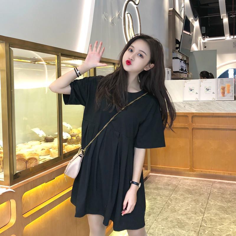 Maternity dress 2025 Summer Korean Loose plus size Slimming Sweet Short Sleeve Retro Long A- line Dress