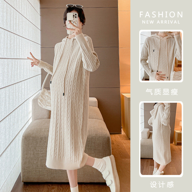 2023 Autumn/Winter New Maternity Versatile Dress Slimming Ribbed Sweater Dress Thick
