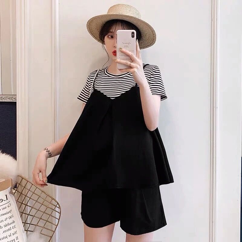 Maternity 2023 Summer Maternity Fake Three-piece Striped Short-sleeved T-shirt Top Abdominal Pants Shorts Two-piece Set