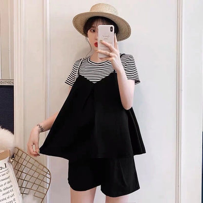 Maternity 2023 Summer Maternity Fake Three-piece Striped Short-sleeved T-shirt Top Abdominal Pants Shorts Two-piece Set