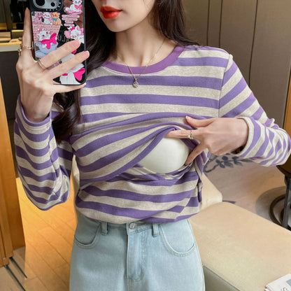 Real Shot All-match Breastfeeding Clothes Spring Pure Cotton Sanding Breastfeeding Striped T-shirt Postpartum All-match Slimming Breastfeeding Base Clothes