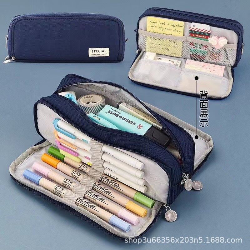 Japanese and Korean Double-Layer Pencil Case for Elementary, Middle, and High School Students, Cross-Border Oxford Cloth Multifunctional Creative Stationery Pencil Case a