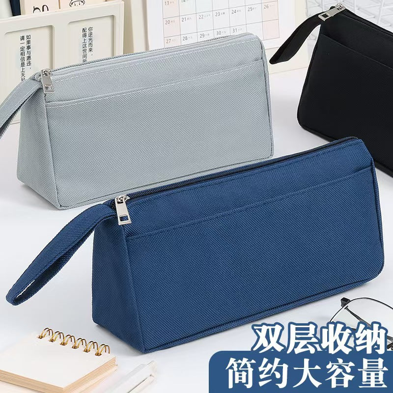 Oxford Cloth Double-Layer Pencil Case, Stylish and Stain-Resistant Stationery Bag for Elementary School Students, Simple Storage with Logo Printing