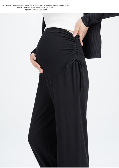 Pregnant women's pants 2024 new pregnant women's pants autumn and winter fleece-lined small pregnancy wide leg pants drawstring straight tube pants