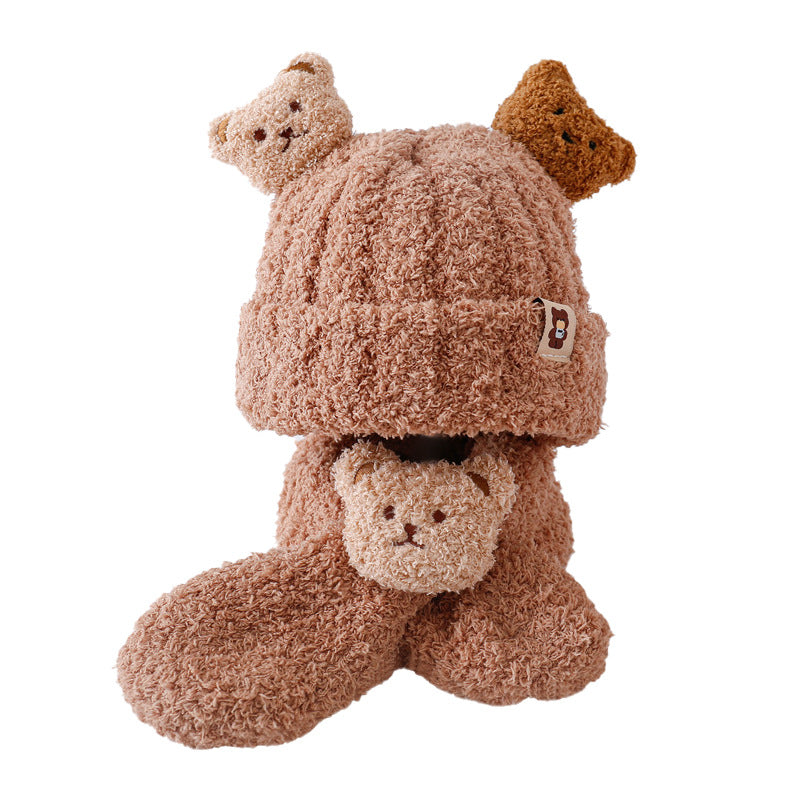 Autumn and winter children's plush bear hat scarf two-piece fleece-lined warm scarf cute plush hat baby
