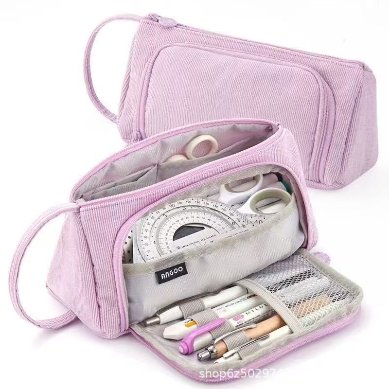 Corduroy Simple Large-Capacity Pencil Bag for Junior High School Students Small Fresh Canvas Pencil Bag Multi-Functional Storage Stationery Bag