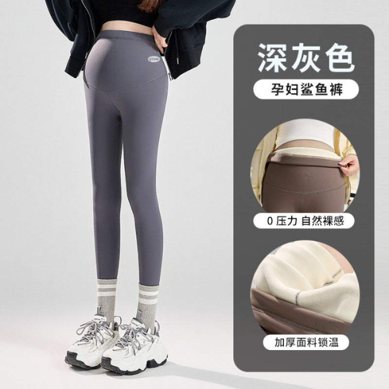 Real shot thin high pregnancy waist stripe winter milk velvet thread pregnant women leggings outside wear belly pants