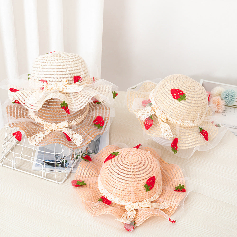 Summer Children's Sunscreen Hat Girls Baby Cute Sun Hat Strawberry Mesh Straw Hat Big Brim Beach Sun Hat