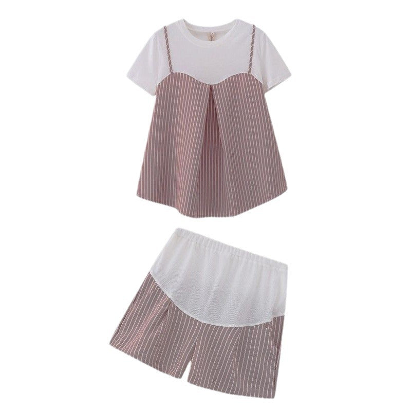 Pregnant women's clothing spring and summer striped two-piece suit 2022 new belly pants short sleeve loose pregnant women's T-shirt top tide
