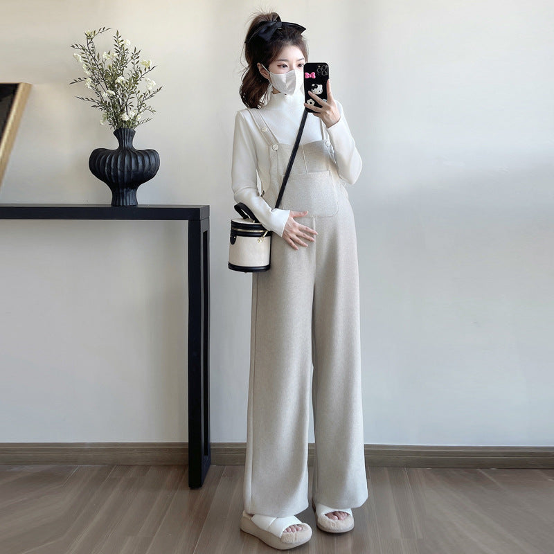 Real shot fleece-lined pregnancy fashion autumn and winter pregnant women's suspenders fleece-lined thickened plus size pregnant women's suit wide leg pants