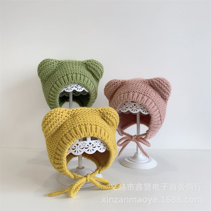 Baby Hat Ins Korean Style Cute Bear Ears Children's Knitted Ear Protection Hat Baby Warm Wool Hat