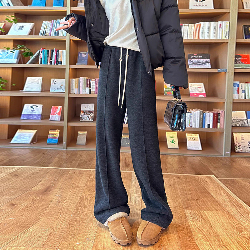 Maternity Pants, Autumn and Winter Style, Woolen, Thickened, Wide-Leg Pants for Outer Wear, High-Waisted, Belly-Supporting, Plus-Size, Straight-Leg, Casual Long Pants with Fleece Lining
