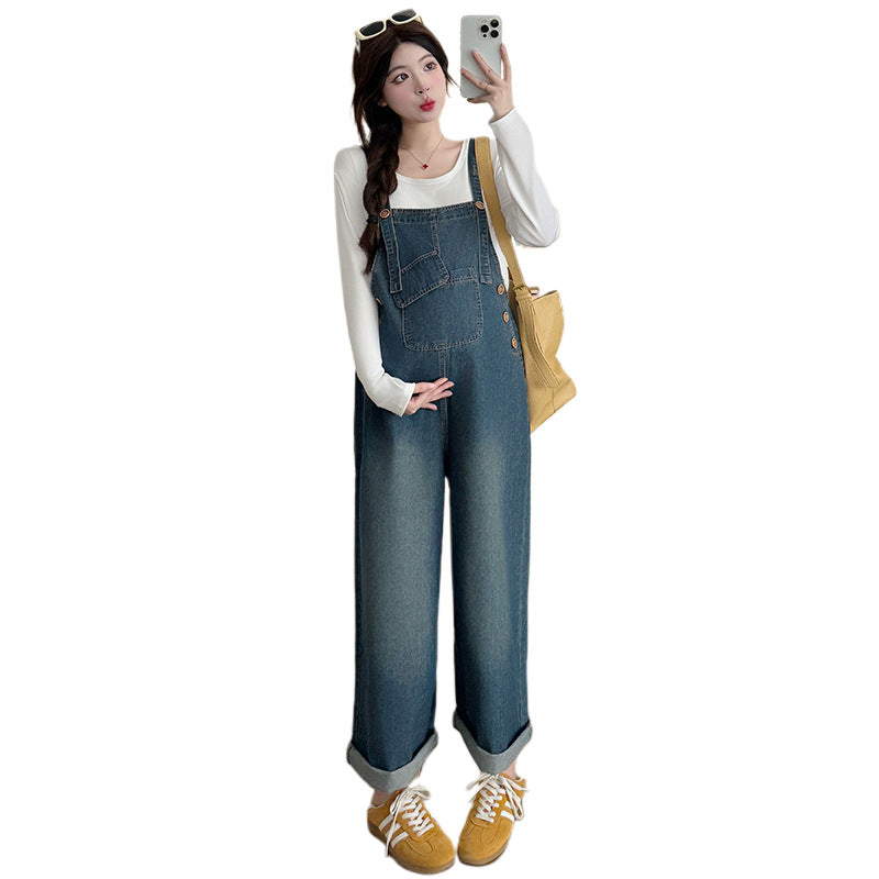 Pregnant women spring 2025 spring new Korean casual pregnant women Denim suspenders modal T suit two-piece set