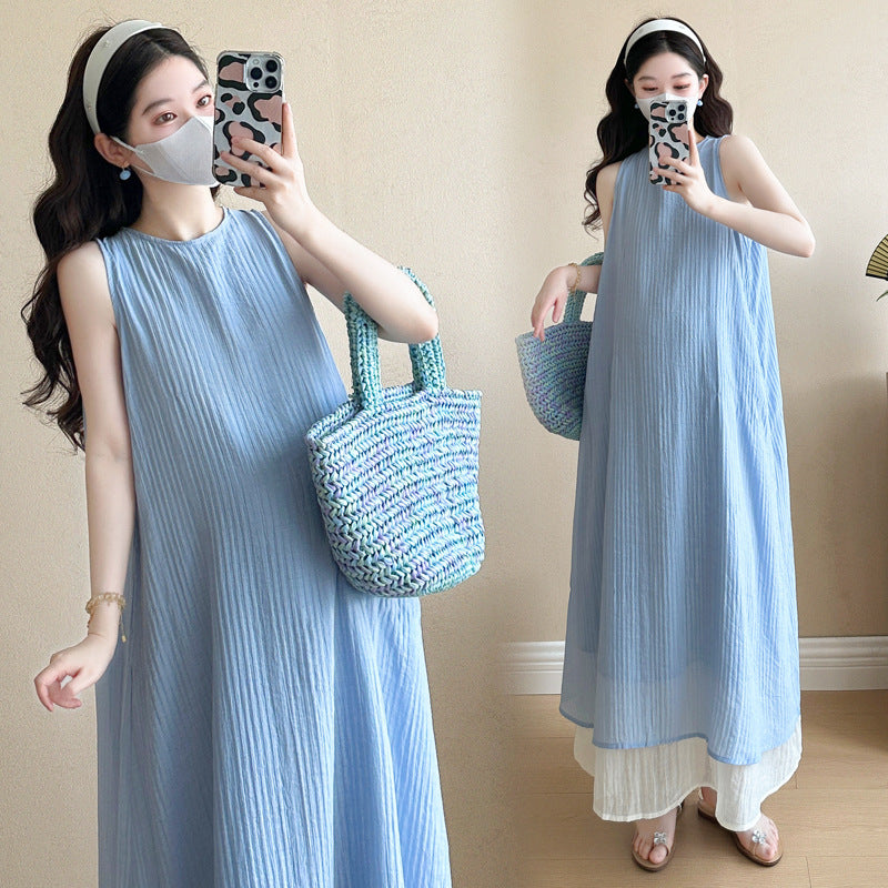Internet Celebrity Maternity 2025 Summer New Pregnant Mother Design Feeling Dew Loose Stitching Sleeveless Long Pregnant Women dress