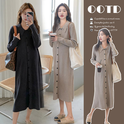 Pregnant women autumn dress 2024 new fashion French sweet doll collar knitted dress