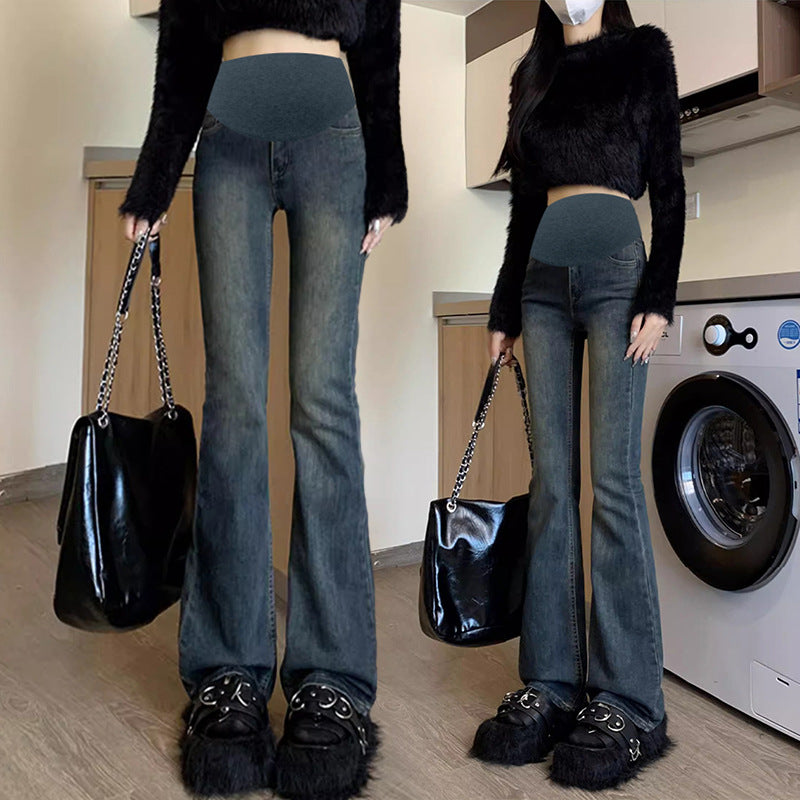 Pregnant women's flared pants cement gray autumn and winter jeans belly pants simple casual pants