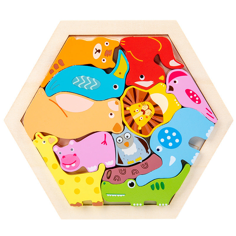Cross-Border Children's Wooden Three-Dimensional Hexagonal Puzzle Animal Transportation Puzzle Building Blocks Early Education Educational Toys