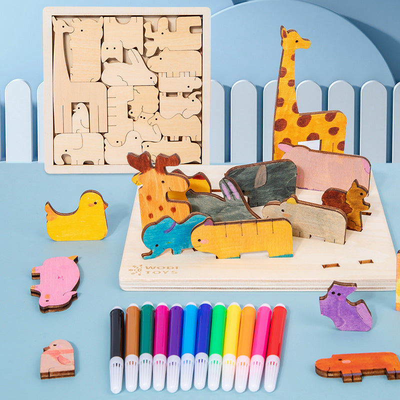 Cross-Border Children's Wooden Three-Dimensional Hexagonal Puzzle Animal Transportation Puzzle Building Blocks Early Education Educational Toys