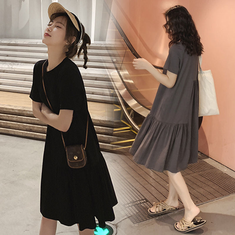 Maternity Wear Summer Dress Summer Loose Short-Sleeved Skirt Asymmetrical Mid-Length Trendy Mom Maternity Dress Summer Skirt