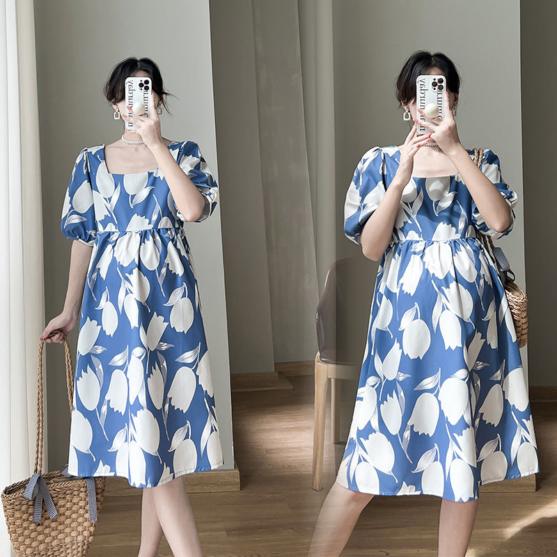 Pregnant Women's Summer Fashion Short Sleeve Square Collar Printed dress Loose plus size Skirt Summer Internet Popular Pregnant Women's Skirt Summer