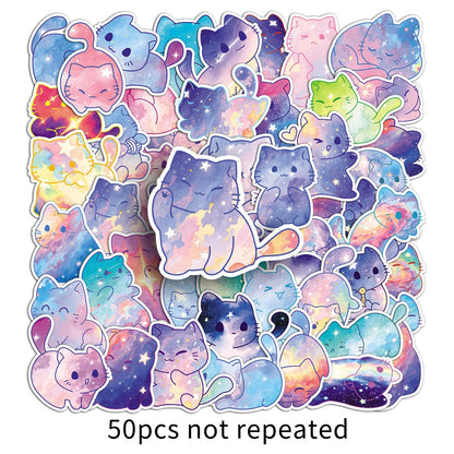 50 Original Watercolor Starry Sky Cat Stickers Hand-Painted Without Infringement Cute Ins Style Cat Notebook Stickers