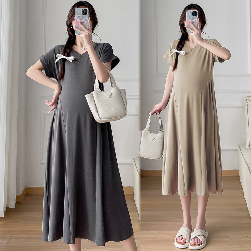 Pregnant Women's Summer Fashion Design Feeling Temperament Waist Slimming Belly Covering Pregnant Women's dress New Korean Style Pregnant Women's Dress