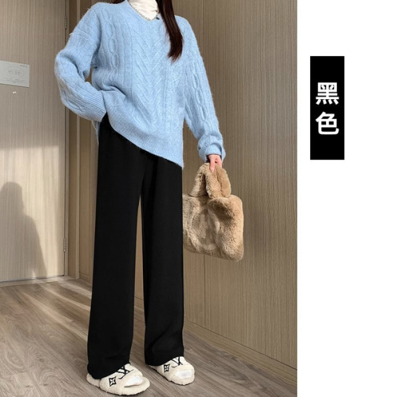 Maternity clothes 2024 autumn and winter New Korean style fashionable cashmere stripe fleece-lined thickened belly support wide-leg pants for pregnant women