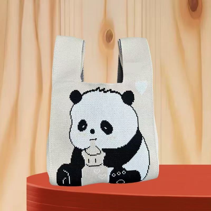 Panda New Knitted Bag Women's Handbag Wide Hand Gift Back Gift Bag Cute Panda Knitted Bag Hand Gift