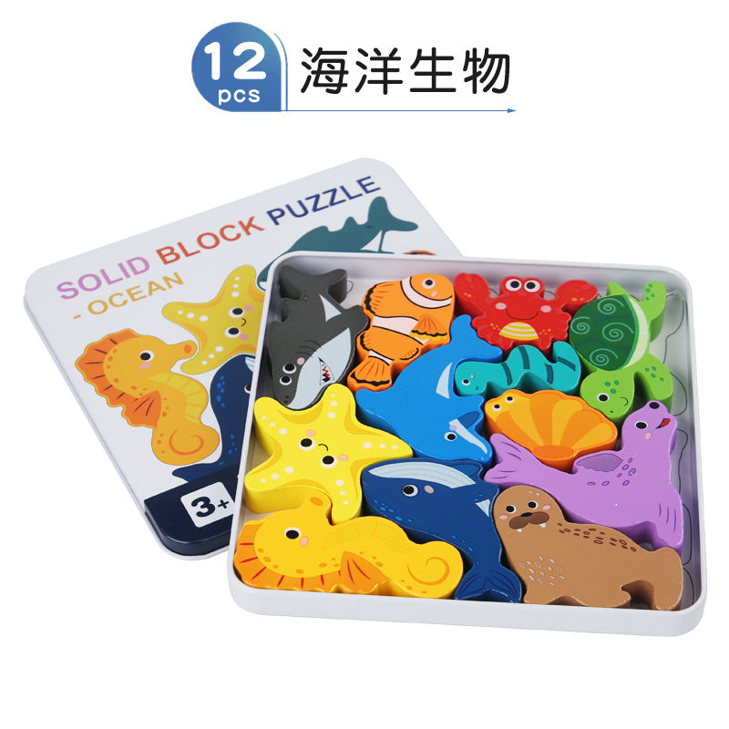 Cross-Border Children's Wooden Three-Dimensional Hexagonal Puzzle Animal Transportation Puzzle Building Blocks Early Education Educational Toys