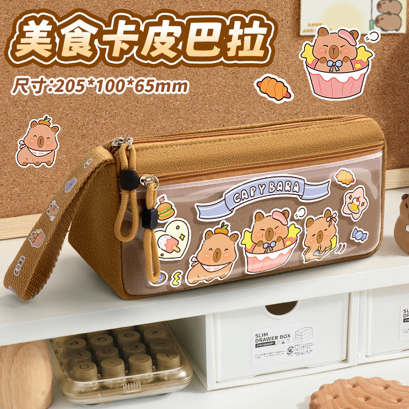 Double-Layer Capibara Pencil Case 2025 New Model Large Capacity Transparent Stationery Box for Girls and Boys Primary School Students Pencil Bag