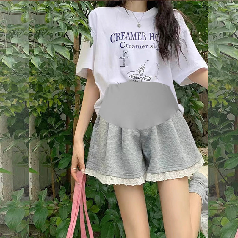Maternity Shorts Summer Lace Splicing Wide-Leg Casual Pants Loose Outer Wear Sports Air Cotton Pants Skirt