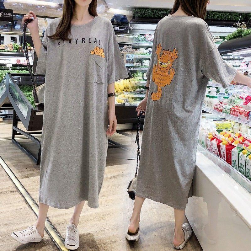 Pregnant Women's Short-sleeved Cartoon T-shirt Skirt Summer Women's Korean-style plus size Loose Long Over-the-knee Pregnant Women's dress