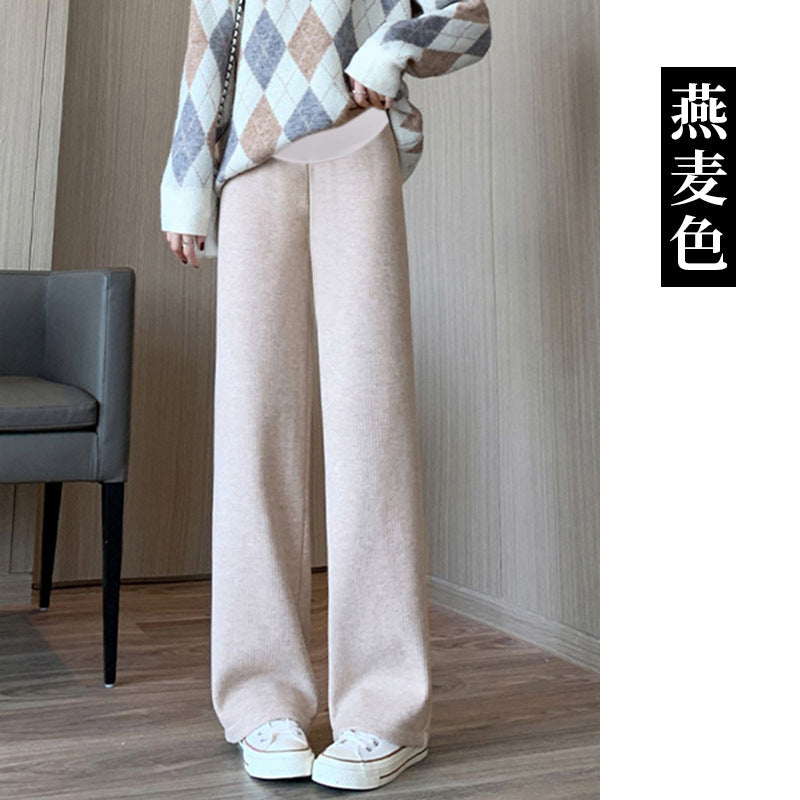 Pregnant women's cashmere striped new wide-leg pants chenille autumn and winter drape fleece-lined straight mop pants trousers